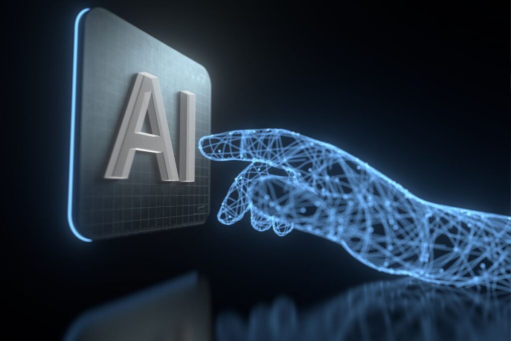 Mão de IA em wireframe tocando um botão com o texto “AI”, simbolizando a interação da inteligência artificial no mercado financeiro.