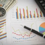 Uma bússola, dinheiro e gráficos de desempenho financeiro em uma mesa, representando a análise de dados no planejamento financeiro.