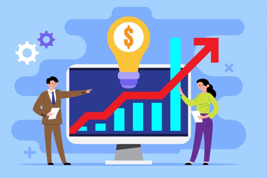 Ilustração de uma lâmpada (símbolo de ideia) sobre um gráfico de crescimento financeiro, indicando o sucesso de novas propostas de renda extra.