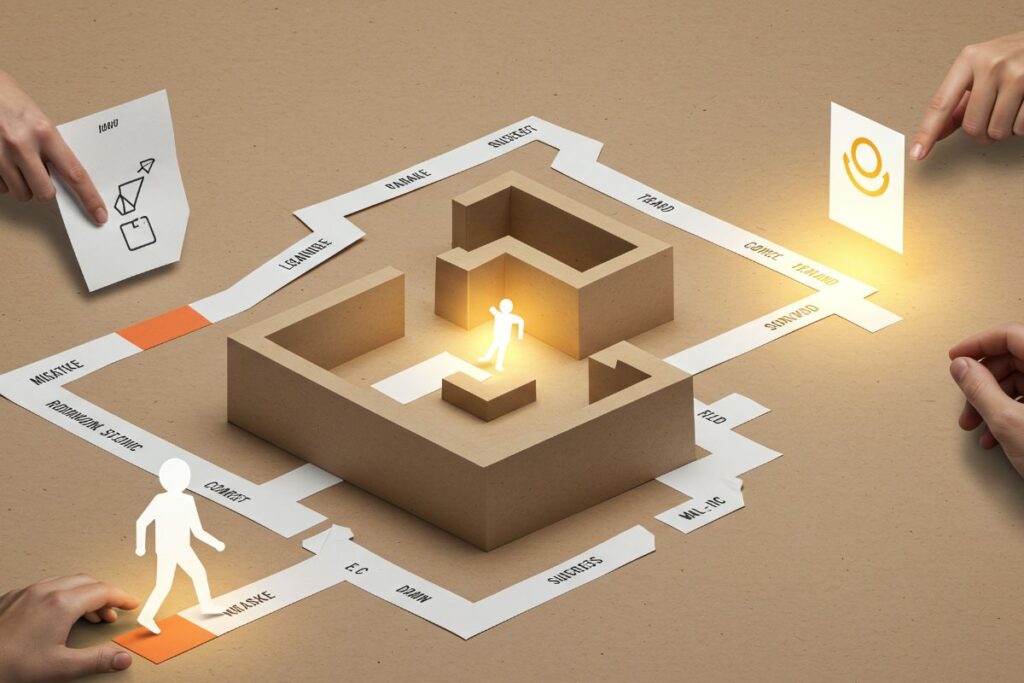 Diagrama de labirinto com a palavra 'SUCCESS', mostrando o percurso do empreendedor e a importância do planejamento de negócios para a inovação.