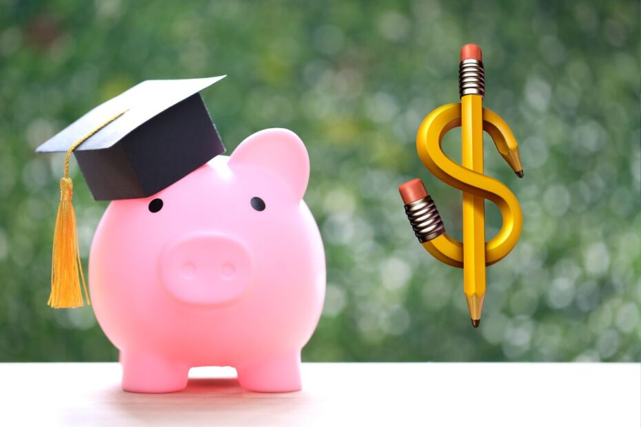 Cofre porquinho rosa com capelo de formatura e símbolo de dólar em lápis representando educação financeira e planejamento monetário