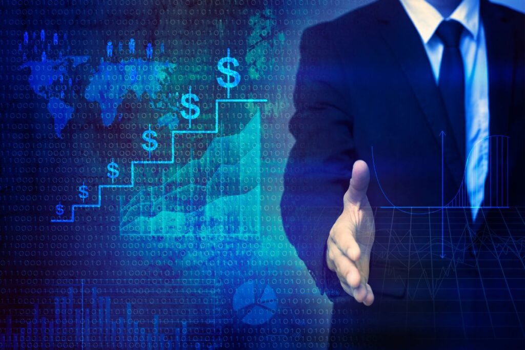 Aceno de mão de um executivo sobre um gráfico ascendente com ícones de dólar, representando o sucesso, as parcerias e a escada financeira viabilizada.
