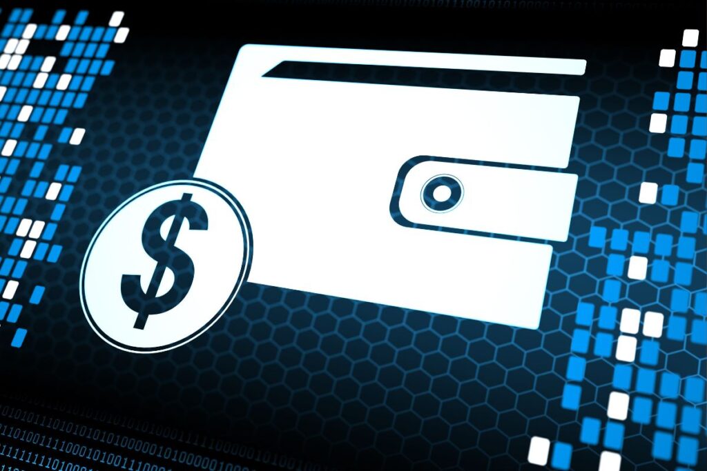 Ícone de carteira digital e moeda em fundo binário. Pagamentos digitais, finanças digitais e transações eletrônicas.