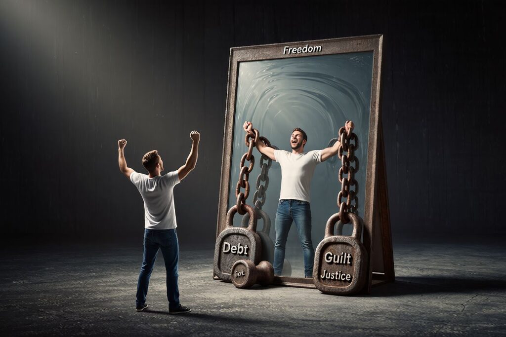 Homem liberto de correntes que simbolizam "Debt" (Dívida) e "Guilt" (Culpa), refletido em um espelho escrito "Freedom" (Liberdade). O foco é vencer novas dívidas.